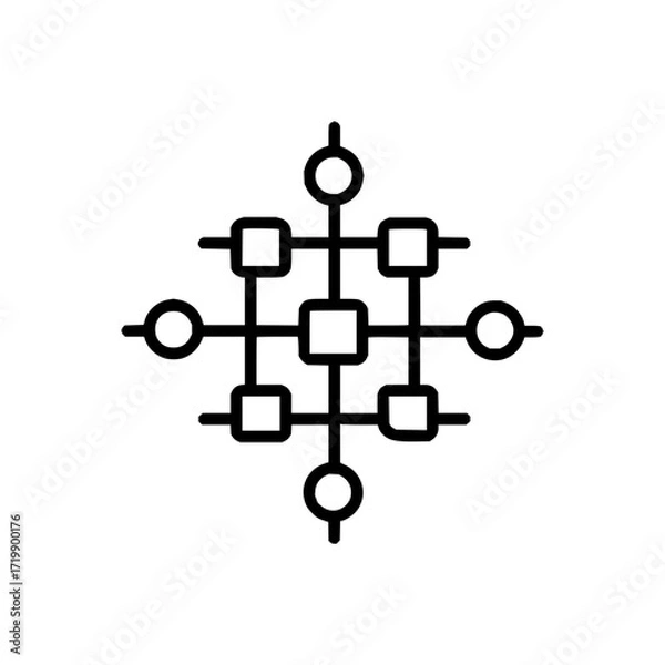 Fototapeta Geometric network with squares and circles connected by lines in a symmetrical arrangement on white background