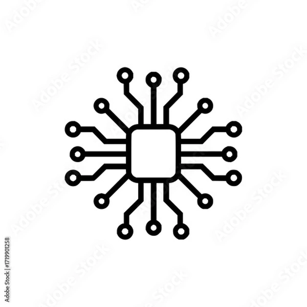 Fototapeta Illustration of a black and white computer chip with multiple connections and a square center design element