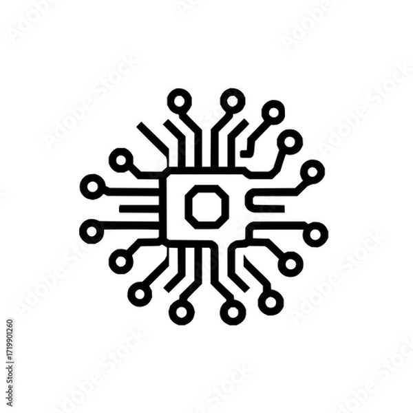 Fototapeta Illustration of a black and white circuit board with multiple connections and a central octagon shape