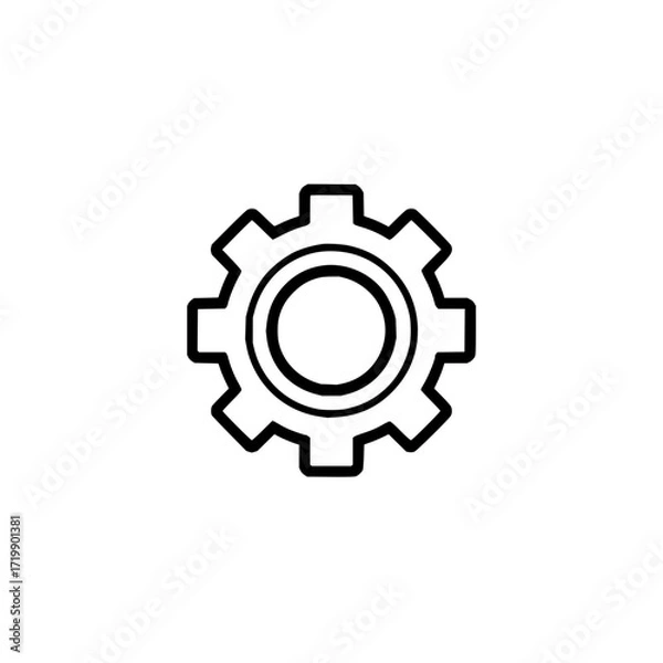 Fototapeta Illustration of a simple black and white gear with a central circle and outward extending teeth design