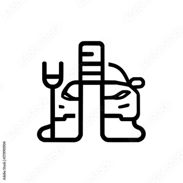 Fototapeta Outline icon depicting a car being repaired with a dipstick and a measuring tool in black and white