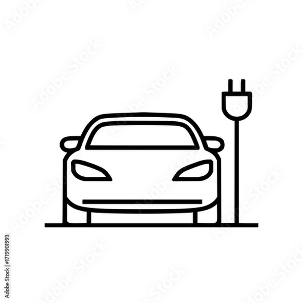 Fototapeta Electric vehicle charging station icon showing a car with a plug connected to it in simple black lines