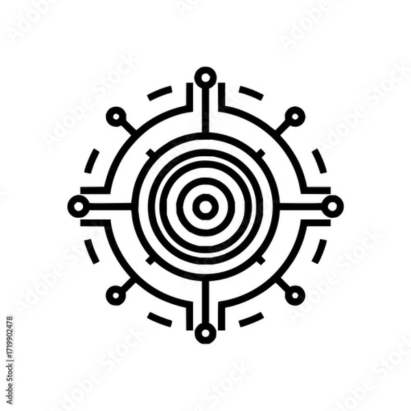 Fototapeta Circular target with connecting lines and nodes radiating outward in a black and white design style