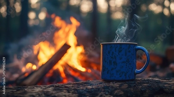 Fototapeta A steaming blue mug sits on a log, with a warm campfire in the background, creating a cozy outdoor atmosphere.