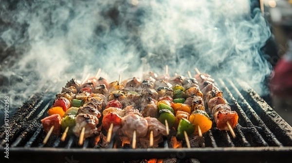 Fototapeta Grilled skewers with meat and colorful vegetables smoke over a barbecue, creating a mouthwatering and inviting outdoor cooking scene.