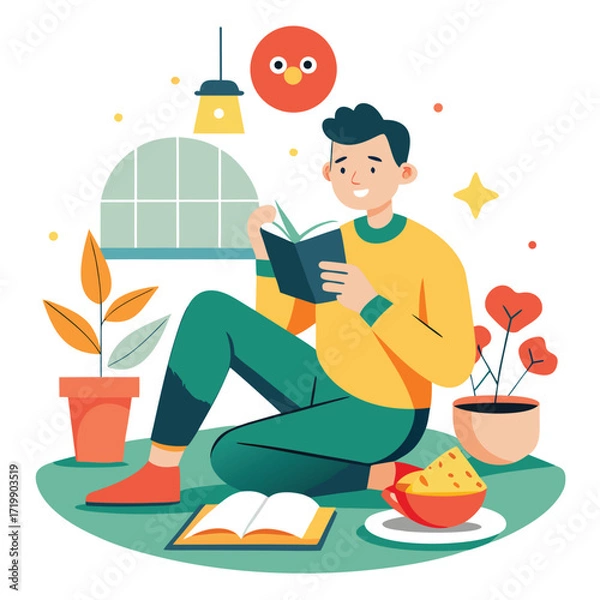 Fototapeta man reads a book alone with food the concept