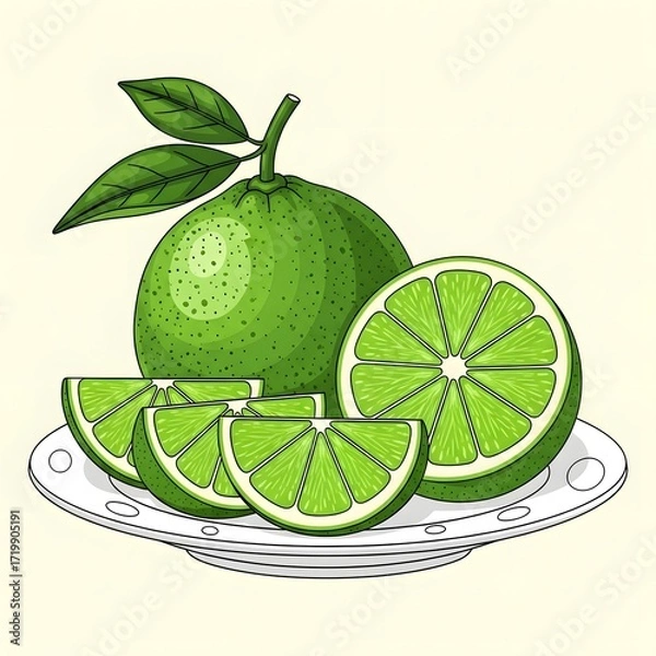 Fototapeta A whole green lime with leaves and several lime slices on a plate 4k video