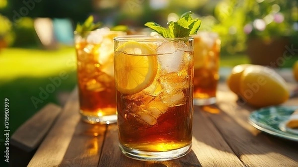 Fototapeta Refreshing iced tea served in clear glasses, garnished with lemon and mint, set against a vibrant garden backdrop.