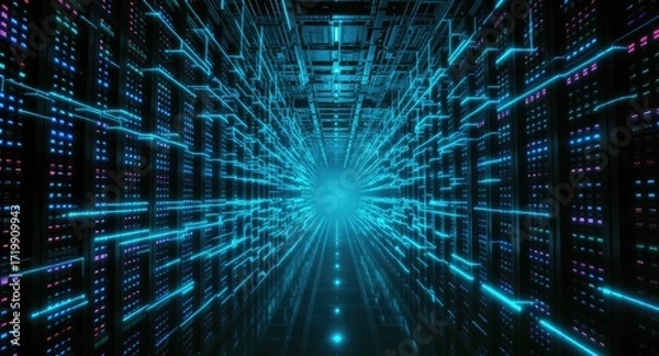 Obraz Futuristic server rack tunnel, glowing lines