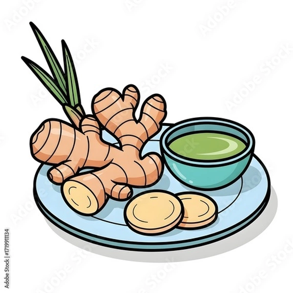 Fototapeta Ginger root with green leaves, sliced ginger, and a bowl of green liquid 4k video