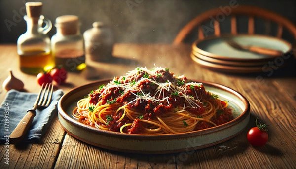 Obraz A beautifully plated dish of spaghetti Bolognese served on a rustic ceramic plate. The spaghetti is coated in a rich, slow-cooked Bolognese sauce