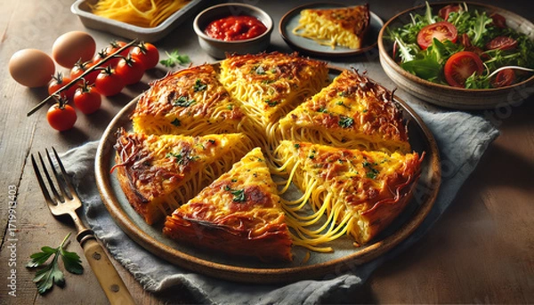 Fototapeta A beautifully plated spaghetti frittata, a golden and crispy Italian dish made with leftover spaghetti, eggs, cheese, and herbs