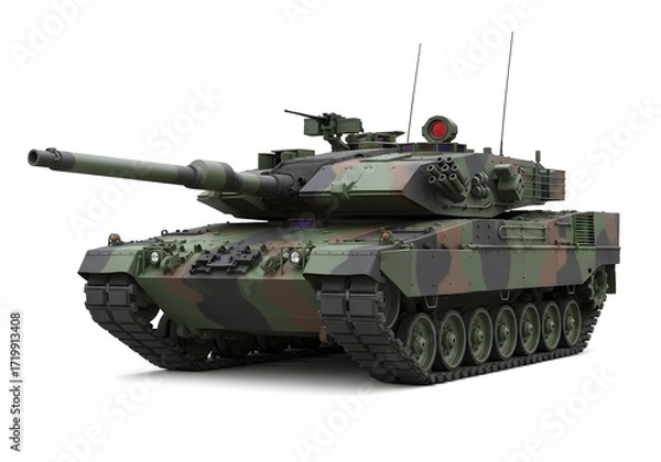 Fototapeta Modern military tank with camouflage pattern isolated on white background 4k video