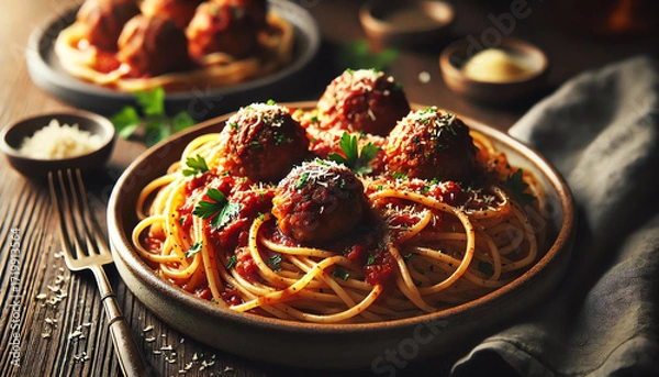 Fototapeta A close-up of a plate of spaghetti and meatballs served on a rustic ceramic dish. The spaghetti is coated in a rich, savory tomato sauce