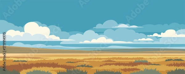 Fototapeta Landscape with beautiful steppe fields, hills, and a blue sky with clouds. Vector illustration of steppe nature. Meadows with yellow grass. Yellow fields.