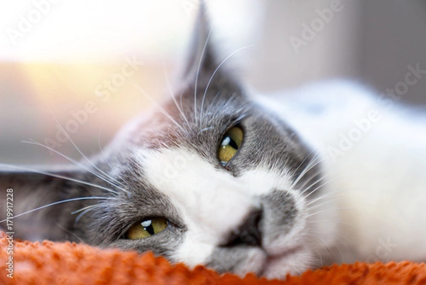 Fototapeta Cute gray white cat on orange plaid. Pet warms under a blanket in cold winter weather. a gray and white cat sleeping under a blanket. Pets friendly and care concept. domestic cat on sofa
