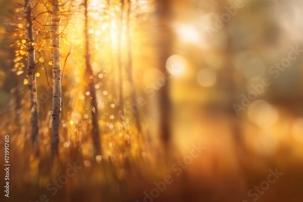 Fototapeta Blurred autumn nature landscape background, serene autumn meadow with birch trees and falling leaves in soft golden sunlight