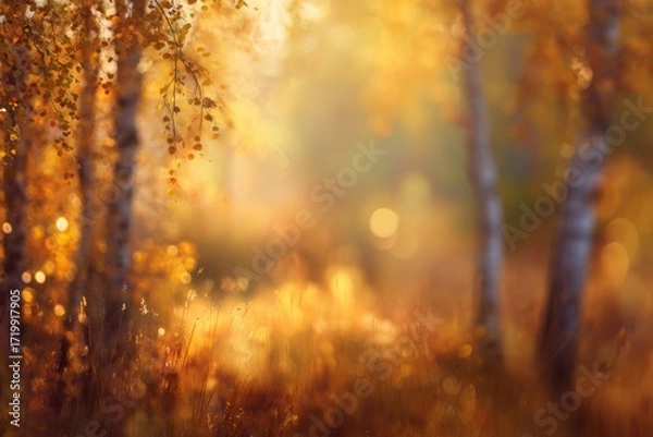 Fototapeta Blurred autumn nature landscape background, serene autumn meadow with birch trees and falling leaves in soft golden sunlight