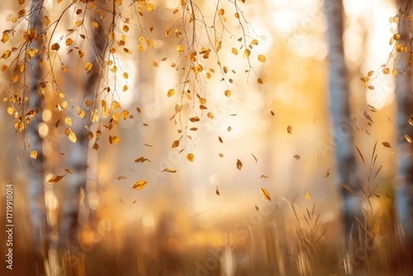 Fototapeta Blurred autumn nature landscape background, serene autumn meadow with birch trees and falling leaves in soft golden sunlight