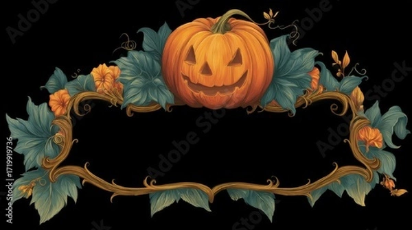 Fototapeta Decorative border banner featuring a vibrant jack-o'-lantern surrounded by autumn leaves and vines, perfect for Halloween-themed designs and seasonal celebrations with copy space
