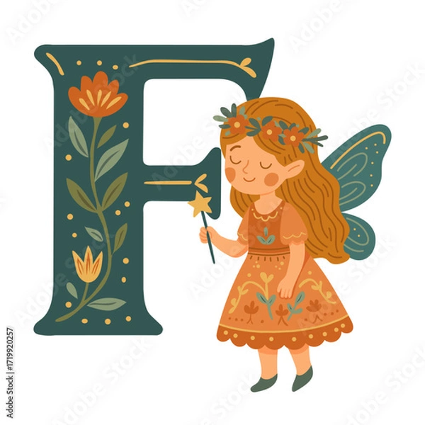 Fototapeta Enchanting fairy with floral Letter F magical folk-style vector perfect for alphabet learning, nursery posters, personalized prints, children’s books, flashcards, and whimsical decor