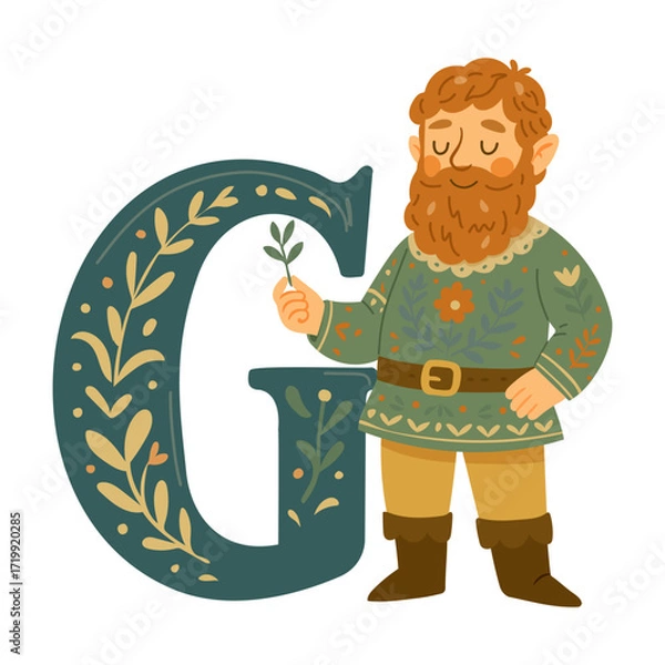 Fototapeta Friendly giant with floral Letter G folk-style vector illustration for alphabet learning, nursery posters, personalized prints, kids books, flashcards, and whimsical classroom decor.