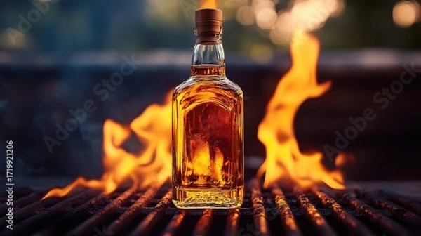 Fototapeta A bottle of amber liquid stands against a backdrop of flames, creating a dramatic contrast between fire and glass.