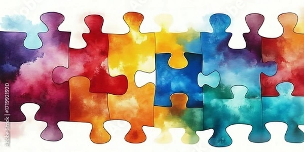 Fototapeta Colorful connected puzzle pieces forming a human chain representing unity and diversity
