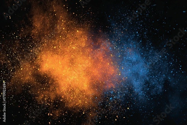 Fototapeta Abstract Colorful Cosmic Dust Explosion in Deep Space Bright Blue and Warm Orange Hues
