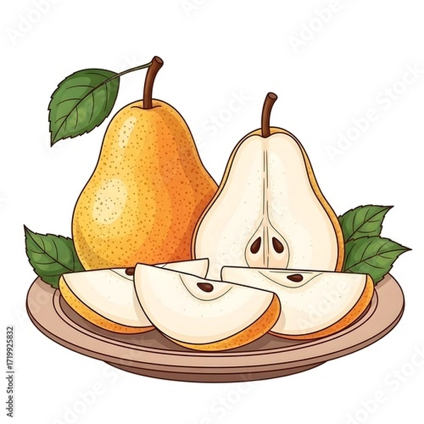 Fototapeta A whole pear and sliced pears on a plate with leaves, isolated on white background 4k video