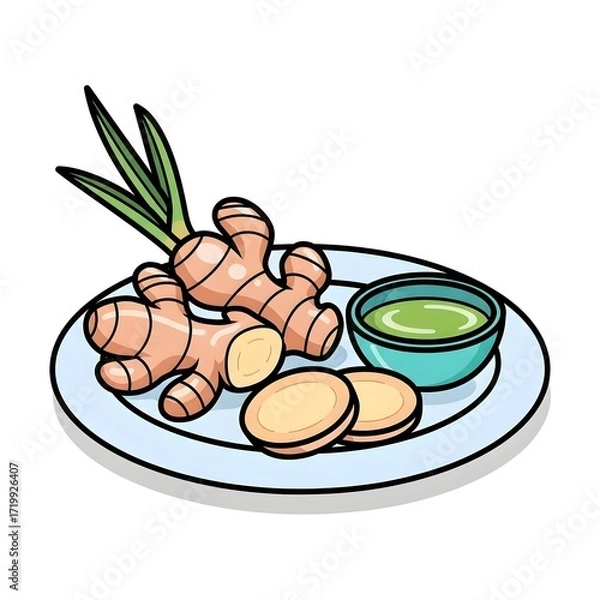 Fototapeta Plate of fresh ginger root with slices and dipping sauce 4k video