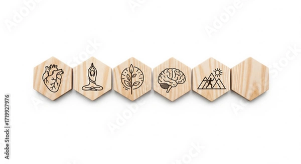 Fototapeta Wellness Hexagon Blocks with Yoga and Brain Care Icons Isolated on White