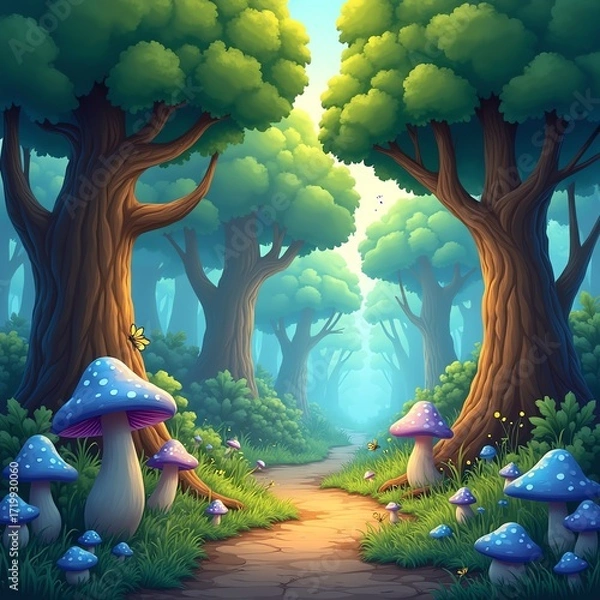 Fototapeta Enchanted forest path with whimsical mushrooms and vibrant trees, a magical scene.