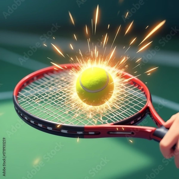 Fototapeta Energetic tennis ball exploding with light on a racket, capturing the thrill of the game.