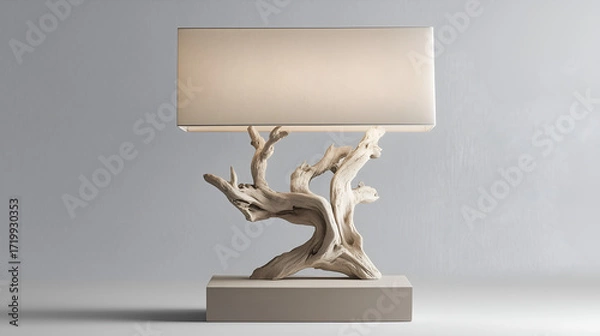 Fototapeta Unique aesthetic table lamp with natural wooden trunk base and beige lampshade, perfect for cozy minimalist interiors, eco design, and warm atmospheric home decor.