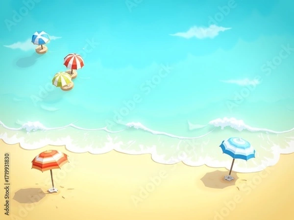 Fototapeta Sunny beach with colorful umbrellas and gentle waves, perfect for summer vacation and relaxation.