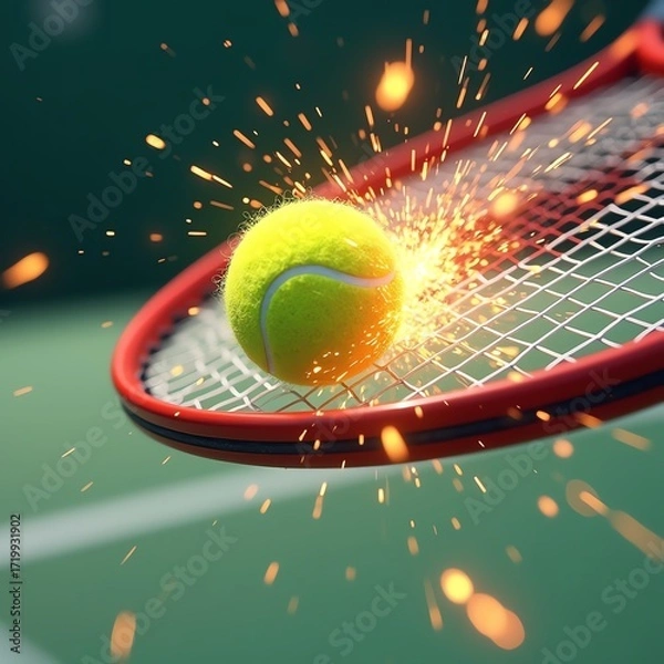 Fototapeta Tennis ball exploding with energy on racquet strings.