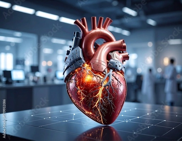 Fototapeta 3D render of a heart with futuristic tech