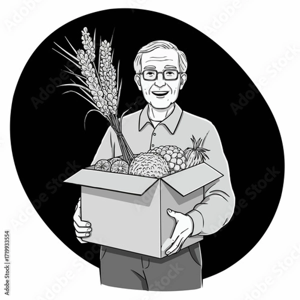 Fototapeta Elderly man holding a box of fresh produce with a cheerful smile  