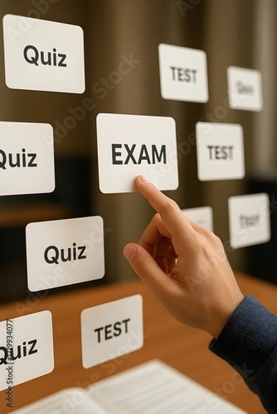 Fototapeta A person pointing to an exam with other options around. 