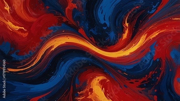 Fototapeta Vibrant abstract swirls of red, orange, and blue paint, creating a dynamic and energetic composition.