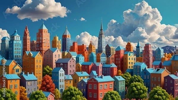 Fototapeta Vibrant, colorful cityscape with stylized buildings under a cloudy sky.