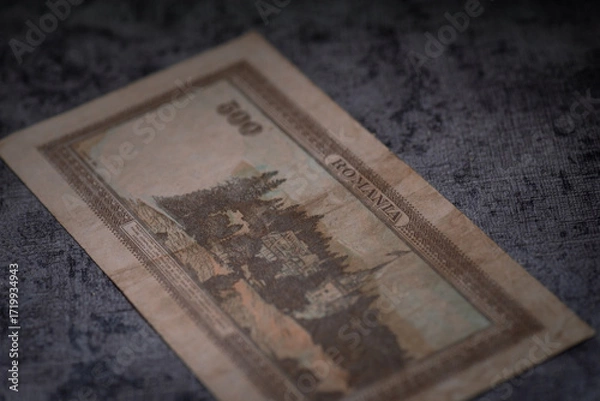 Fototapeta Reverse romanian banknote this grainy image details peles castle in romania reminiscent of an old banknotes reverse.