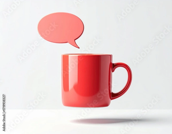Fototapeta Red mug floating speech bubble minimal clean glossy white background office