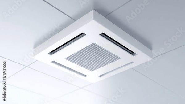 Fototapeta Modern office ceiling with white air conditioner ventilation system. unit provides climate control and cooling, with clean design featuring central vent for efficient air flow