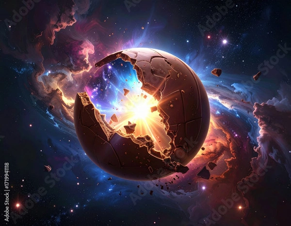 Fototapeta Cosmic planet core explosion cracked sphere glowing energy nebula space debris dramatic light sci fi surreal