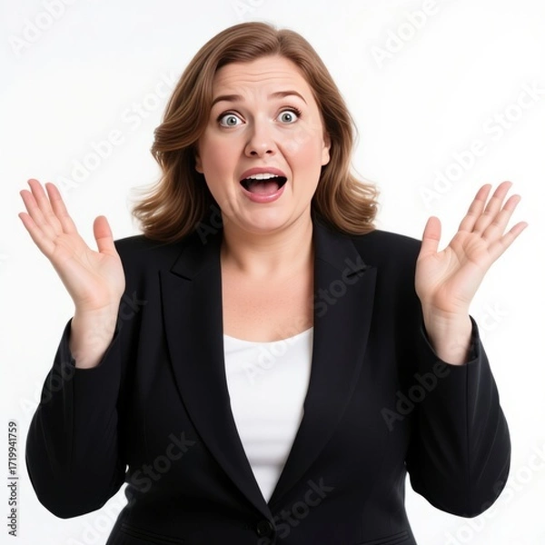 Fototapeta A plump woman in a suit, with an expression of surprise, spreads her arms in surprise at something on a white background