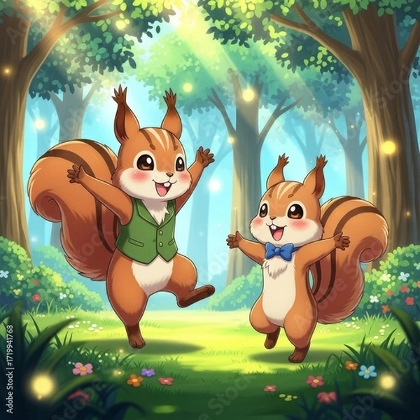 Fototapeta Two cartoon squirrels are dancing happily while celebrating their holiday in the forest