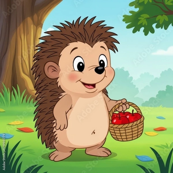 Fototapeta A cartoon hedgehog with a basket of red apples walks through the forest