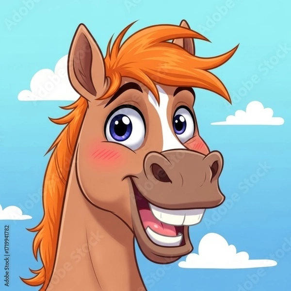 Fototapeta The head of a saddle horse is happy and contented against the backdrop of a blue sky with white clouds